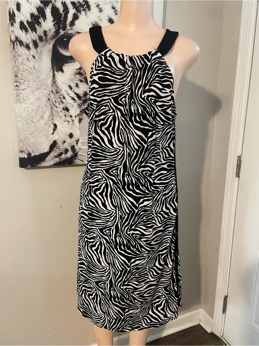 Glamour sleeveless Zebra-Print animal Halter Midi Dress Dec button detail 14